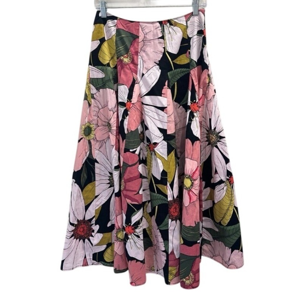 Tatuum Floral Midi Skirt Black Pink Cotton A-Line Botanical‎ Resortwear Preppy 2